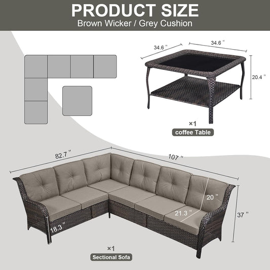 Outdoor Furniture Sectional Sofa L Shaped Couch - Patio Wicker Set with Coffee Table, 3 Piece Rattan Patio Conversation Sets with Gray Cushion for Deck Backyard Sunroom