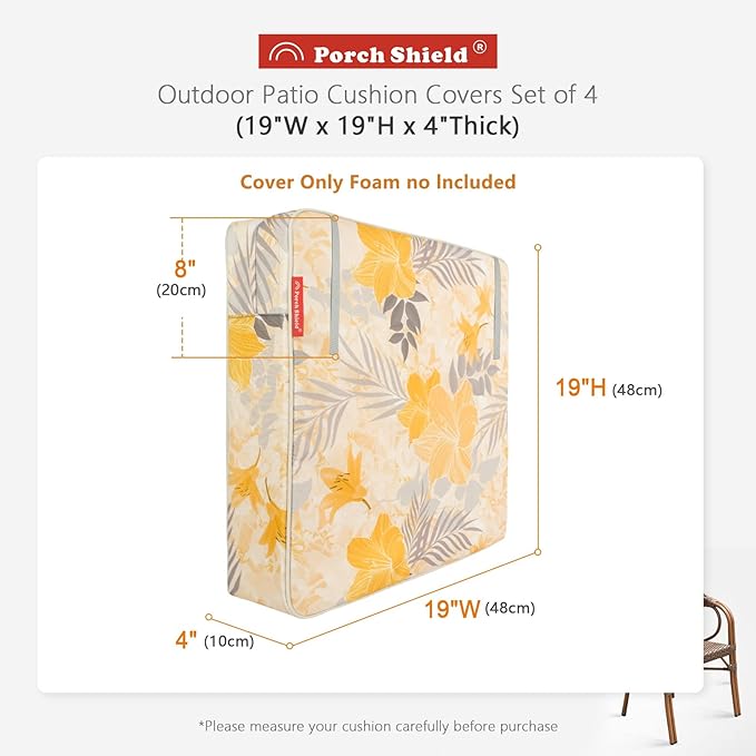 Porch Shield Patio Chair Seat Cushion Covers Set 4, Outdoor Waterproof Fade Resistant Cushion Slipcovers, Replacement Covers Only, 19 x 19 x 4 Inch