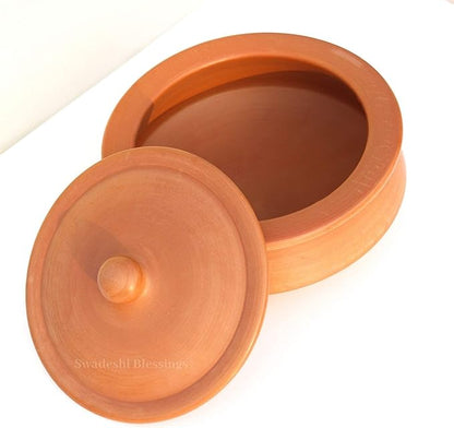 Swadeshi Blessings HandMade Exclusive Range Unglazed Clay Handi/Earthen Kadai/Clay Pot For Cooking & Serving with Lid, 2.8Liters (With Natural White Firing Shade & Mirror Shine) (Red)