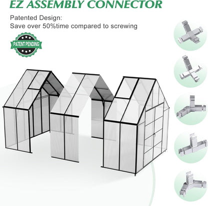 10x10x12 FT Heavy-Duty Greenhouse 2.0 with Polycarbonate Panels, Swing Door, Hinged Roof Vent, and Rain Gutters for Outdoor Use, Aluminum Black