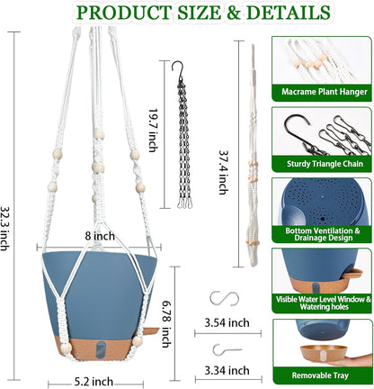 Hanging Planters for Indoor Plants 8 Inch, 2 Pack Hanging Baskets for Plants, Self Watering Hanging Flower Pots with Drainage Hole & 2 Kinds of Plant Hangers for Garden Home Decor (Navy Blue, 8 inch)