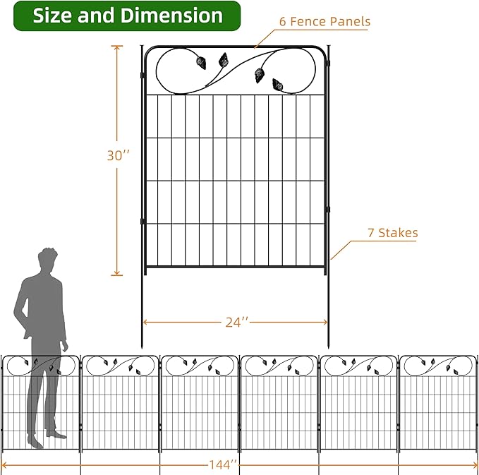 Decorative Outdoor Garden Fence 30in(H) X12ft(L) 6 Panels+7 Stakes Leaf Black Metal Garden Fencing for Landscape Lawn Patio, Temporary Animal Barrier Fences for Dogs