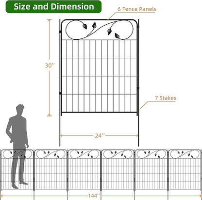 Decorative Outdoor Garden Fence 30in(H) X12ft(L) 6 Panels+7 Stakes Leaf Black Metal Garden Fencing for Landscape Lawn Patio, Temporary Animal Barrier Fences for Dogs