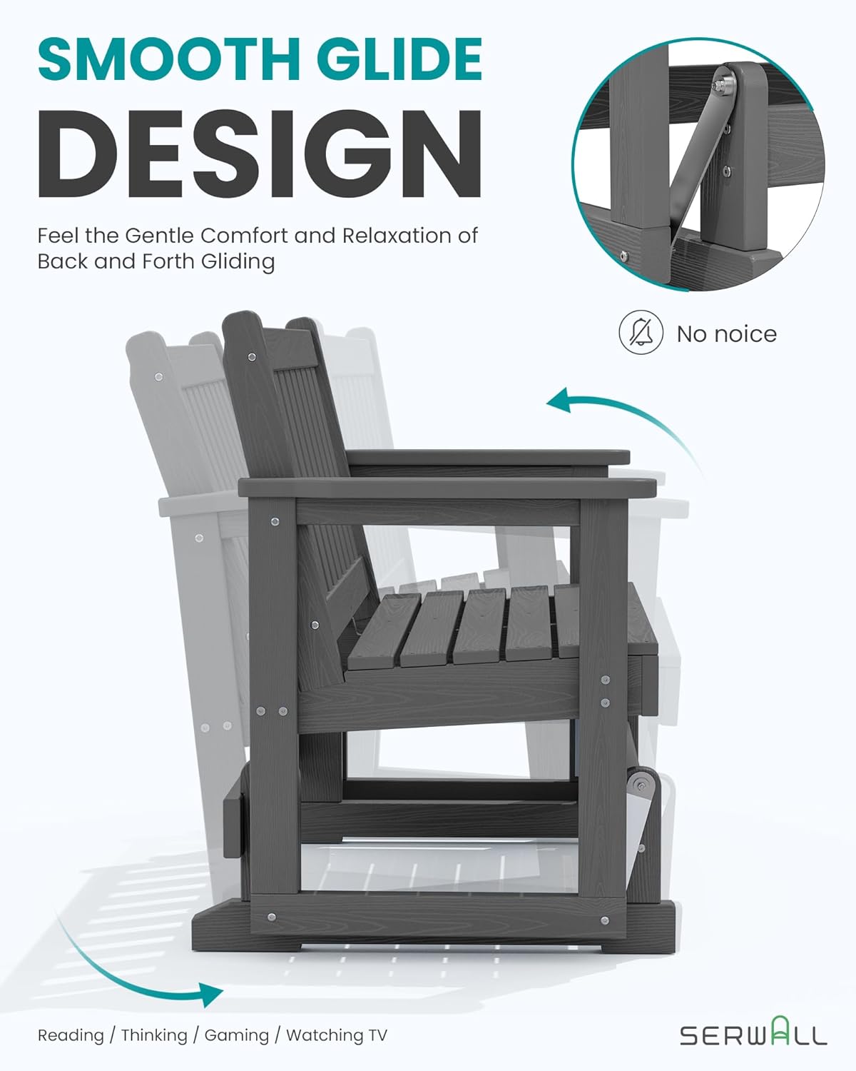 SERWALL Outdoor Glider Rocking Chair, HDPE All-Weather Resistant 2-Person Loveseat, Outdoor Rocking Bench Chair with 660LBS Capacity for Backyard Garden Porch, Grey
