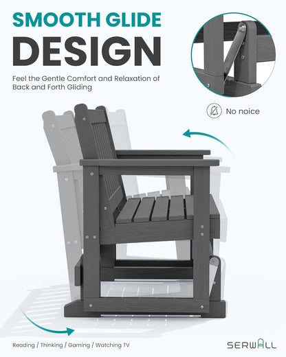 SERWALL Outdoor Glider Rocking Chair, HDPE All-Weather Resistant 2-Person Loveseat, Outdoor Rocking Bench Chair with 660LBS Capacity for Backyard Garden Porch, Grey