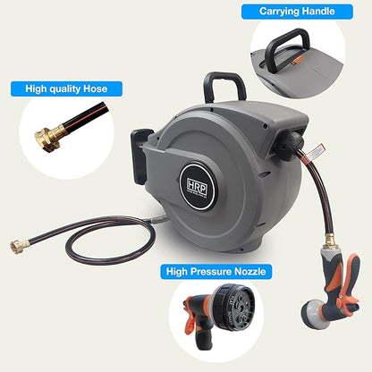 Retractable Garden Hose Reel, 50 ft Wall-Mounted Garden Hose with Automatic Rewind, 10-Function Spray Nozzle, 180° Swivel Bracket, Heavy-Duty Leak-Proof Design, Grey