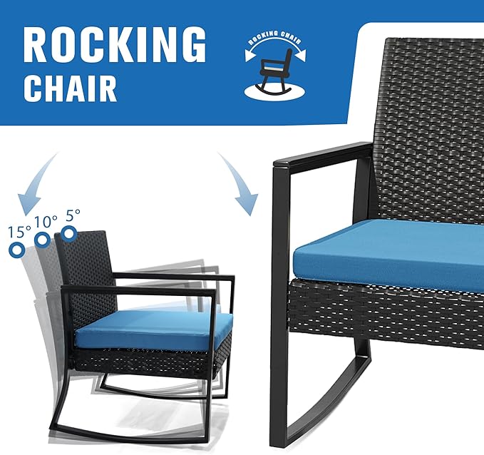 WWR 3 Pieces Outdoor Patio Furniture Set Rocking Wicker Rattan Chair Set Patio Bistro Conversation Set 3 Pcs with Coffee Table for Yard & Bistro (Blue)