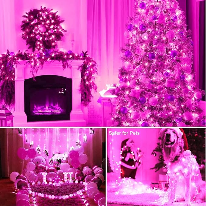 FULLBELL Fairy Lights Outdoor String Lights 33ft 100 LED with Memory Modes Controller, Extendable Christmas Lights Decorations for Wedding, Christmas, Party, Patio, Indoor Outdoor (Pink)