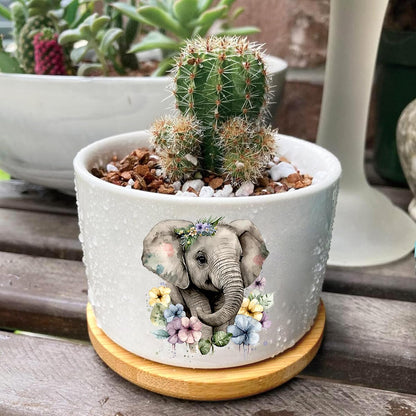 Elephants Succulent Pots 3 Pack, 3 Inch Succulent Planters with Drainage and Bamboo Tray, Elephants Gifts for Women, Ceramic Small Pots for Baby Plants, Cactus, Herbs- Plants Not Included