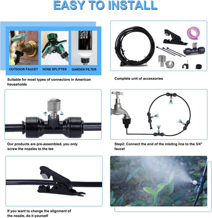 Fogalnd Patio Misting System : Outdoor Misting System 49ft Misting Cooling System with 16pcs 0.024" Orifice Thread Stainless Steel Misting Nozzle for Garden Greenhouse Gazebo
