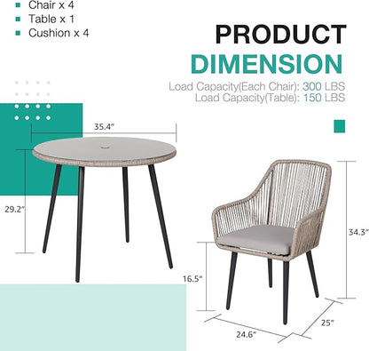 Patiorama 5-Piece Patio Dining Set, Outdoor Dining Table Chair Set, All-Weather Twisted Rattan Wicker Rope Conversation Set, Patio Furniture Set w/Umbrella Hole, 4 Cushioned Chairs&Glass Table(Tan)