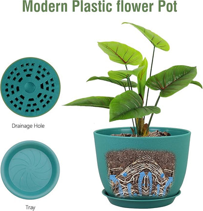 Plant Pots 12 inch, Plastic Planters with Drainage Holes and Saucers, Large Flower Pots for Indoor Outdoor Plants, Modern Decorative Pots for Garden House Plants, Blue Green