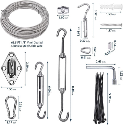 Shade Sail Hardware Kit 6 inch with 65.5FT 1/8" Wire Rope Kit for Triangle Rectangle Sun Shade Sail Outdoor Installation turnbuckles for Cables Wire for Outdoor,Garden,Kitchen,Craft,123PCS
