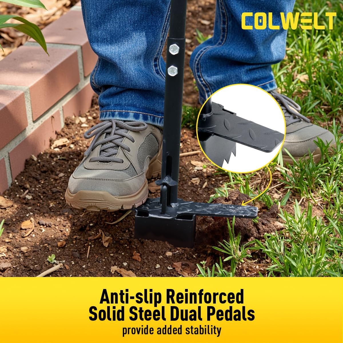 Colwelt Sod Plugger Tool 36-INCH, Grass Plug Tool 3 x 3 Square with Serrated Base, Long Handle Bulb Planter Tool with Dual Pedals & Easy Foot Ejector, Sod Turf Cutter for Lawn Planting Grass Repair