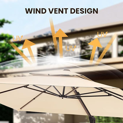 9' X 12' Cantilever Patio Umbrella Outdoor Heavy Duty Double Top Windproof Rectangle Offset Umbrellas with 360-degree Rotation for Pool Deck Backyard, Beige