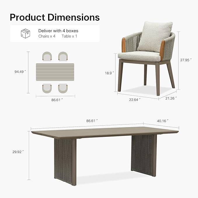 PURPLE LEAF 5 Pieces Outdoor Dining Set for 4, Aluminum Outdoor Patio Table and Chairs Set with Olefin Cushions, All-Weather Patio Dining Set for Garden or Deck, Beige