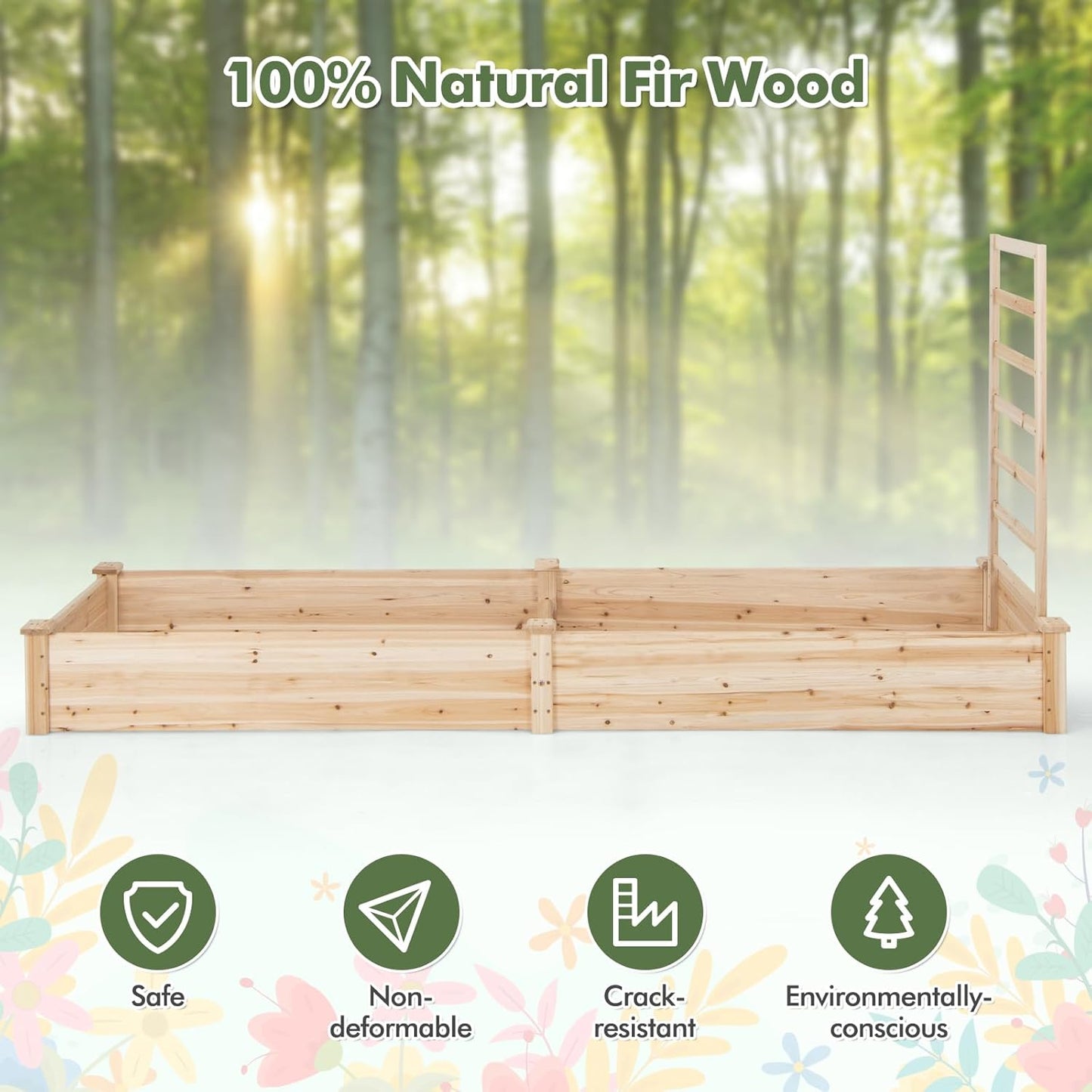 HAPPYGRILL Raised Garden Bed with Trellis, Wooden Garden Box with Divided Space for Vegetables, Flowers, Fruits, Climbing Plants, Outdoor Elevated Planter Box for Yard Patio, 93”L x 25”W x 40”H