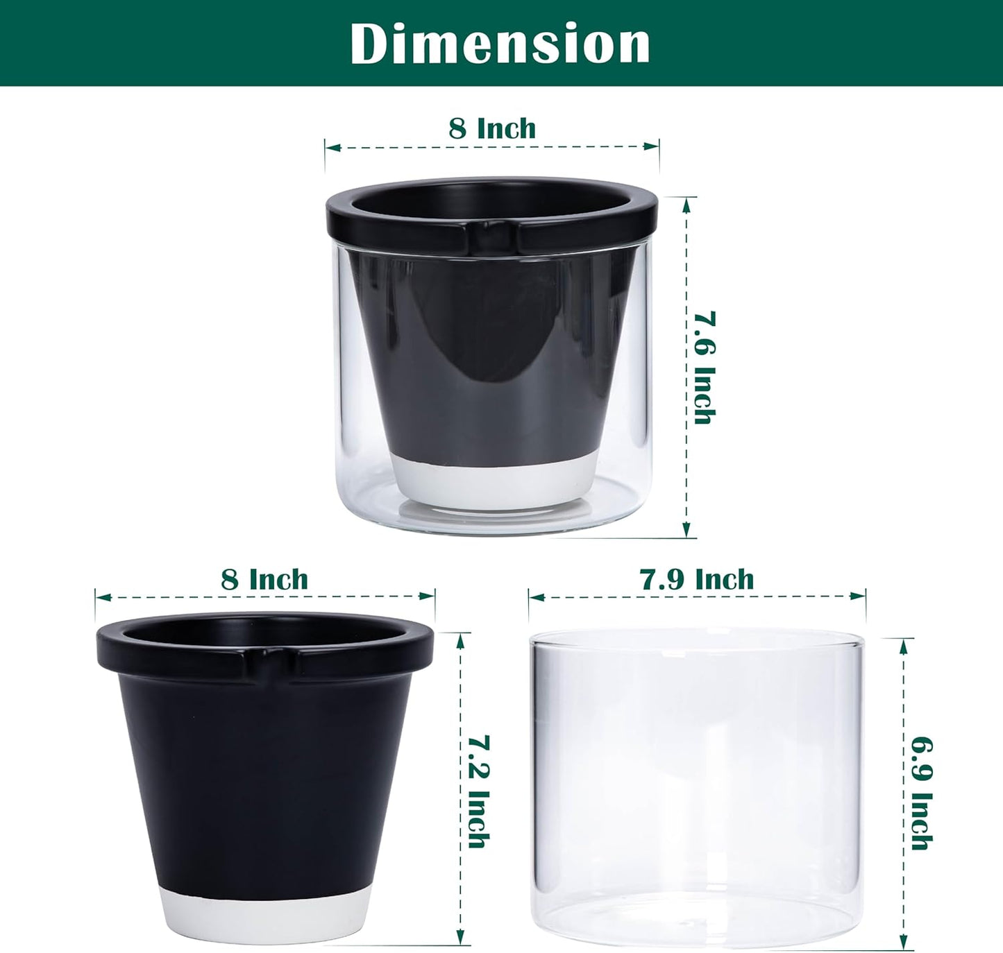 D'vine Dev 8 Inch Design Self Watering Planter for Indoor Plants, Black Terracotta Pot with Cylinder Glass Cup, 37-X-C-3