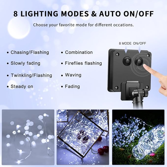JMEXSUSS 4 Pack 100 LED Solar String Lights for Outside, 33ft White Solar Fairy Lights Outdoor Waterproof, 8 Modes Solar Christmas Lights for Garden Yard Tree Wedding Decorations