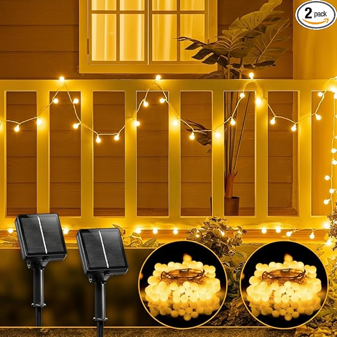 Brightown Solar Lights Outdoor Waterproof, 2 Packs Total 39Ft 120 LED Globe Solar String Lights for Outside, 8 Modes Outdoor Solar Lights for Yard Balcony Patio Tree Canopy Party (Warm White)