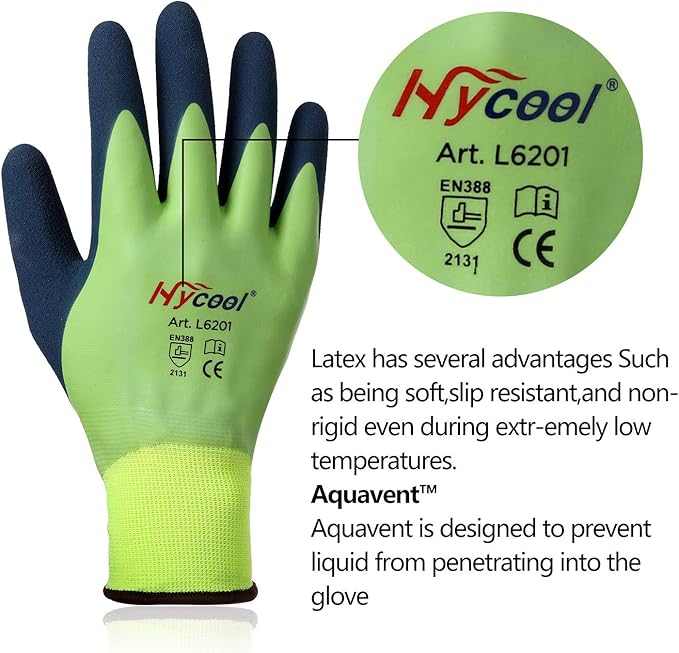 Waterproof Work Gloves for Men and Women, Hycool Thermal Insulated Freezer Rubber Coated Gloves,Super Grip L6201