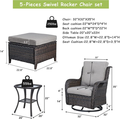Outdoor Wicker Patio Furniture Set - 5 Pieces Rattan Patio Conversation Set with 2 Rocking Swivel Chairs,2 Ottomans and 1 Side Table for Porch Deck Backyard Garden(Brown/Grey)