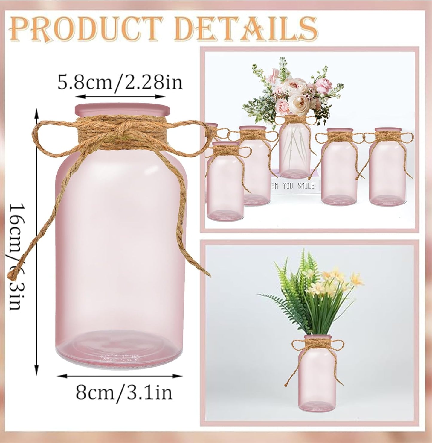 Vintage Glass Flower Vase，12 Pack Pink Farmhouse Glass Centerpiece Vases Mason Jars for Weddings, Parties & Home Decor Bulk (12, Pink)