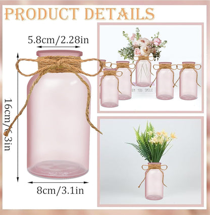 Vintage Glass Flower Vase，12 Pack Pink Farmhouse Glass Centerpiece Vases Mason Jars for Weddings, Parties & Home Decor Bulk (12, Pink)