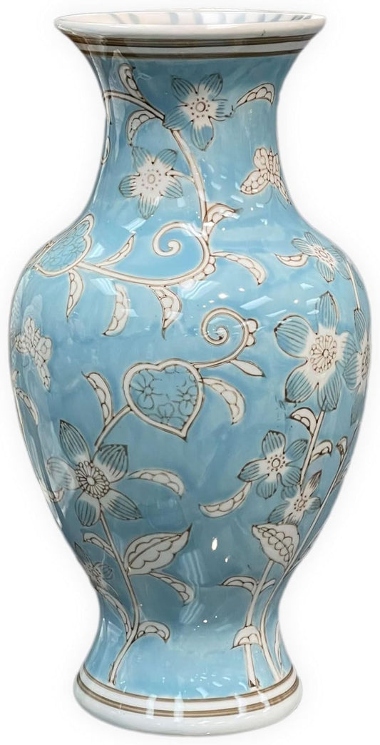 Galt International Light Blue and White Flower & Heart Chinoiserie Ceramic Vase 14"- Hand Painted Antique Style Porcelain Flower Bottle Fishtail Porcelain Chinese Vase for Home Decor Centerpiece