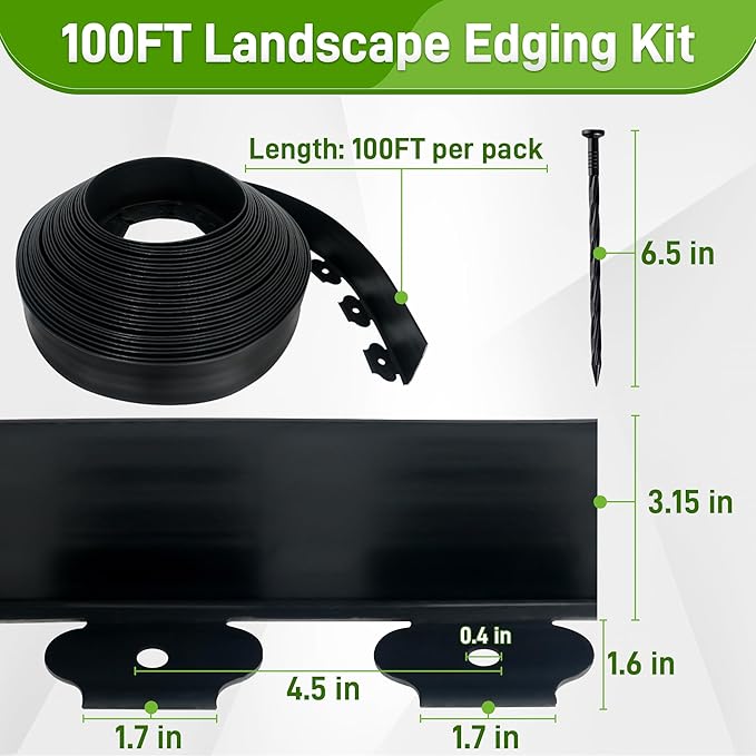 3.15" x 100' No Dig Landscape Edging, Flexible Garden Edging Borders with 90 Anchoring Spikes, Plastic Lawn Edging for Landscaping Garden Flower Beds Grass Yard Paver Pathway, Black