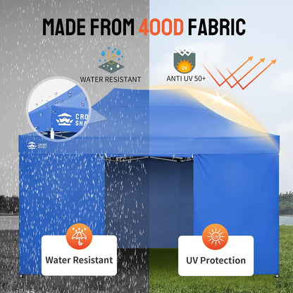 CROWN SHADES 10x15 Pop Up Canopy Tent, Thicken Frame Commercial Heavy Duty Tent, with 4 Sidewalls 8 Stakes & 4 Sandbags & 4 Ropes, Outdoor Canopies for Events, Parties,Blue