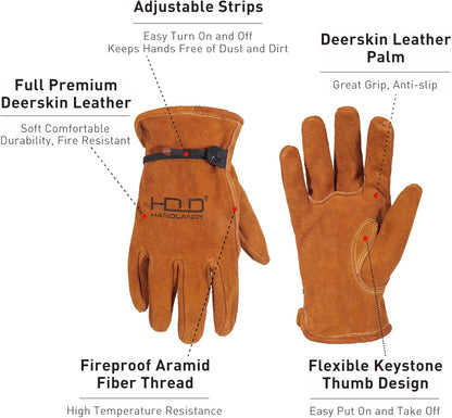 HLDD HANDLANDY Leather Work Gloves for Men & Women, Adjustable Wrist Cowhide Gardening Glove with Reinforced Palm for Driver