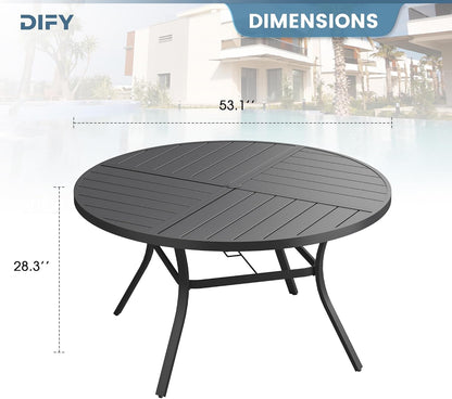 DIFY 53.1" Round Outdoor Patio Dining Table for 6-8, All-Weather Metal Steel Slatted Patio Table with 1.57" Adjustable Umbrella Hole, for Lawn Garden Porch Backyard, Black