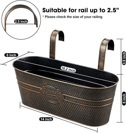 3 Pcs Large Balcony Planters Railing Hanging Flower Pots- 16.2 Inch Metal Railing Planter Box Fence Planters for Outdoor Plants with Detachable Hooks and Drain Holes for Garden Decor (Retro-3pcs)