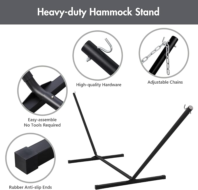 ANOW Double Hammock with 12FT Heavy Duty Steel Stand Included, 2 Person Hammock with Stand for Outdoors, 450 LBS Weight Capacity, Gray