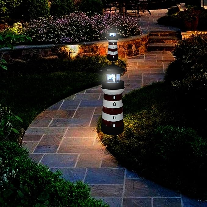 Solar Lighthouse with Rotating Beacon – Led Light House for Yard Garden Nautical Decor Lamp Outdoor Decoration Lawn Ornament Outside Statue Mother Day Gift for Mom