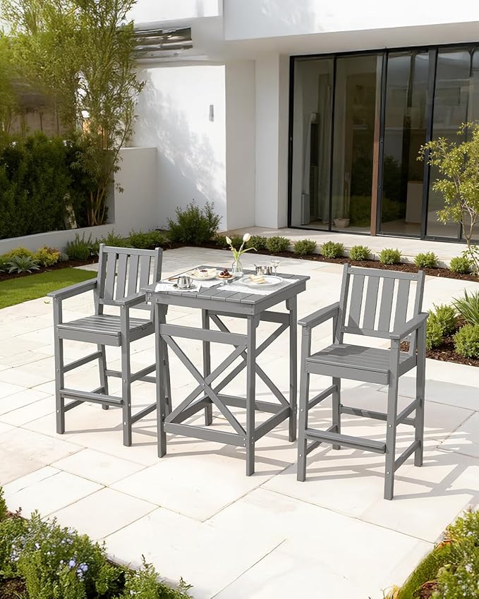 QUASCO Outdoor Adirondack Chairs and Table 3-Piece Sets, Adirondack Bar Table and Height Chairs Set of 2, HDPE Outdoor Bar Stools Set for Bistro, Patio, Balcony, Poolside, Grey
