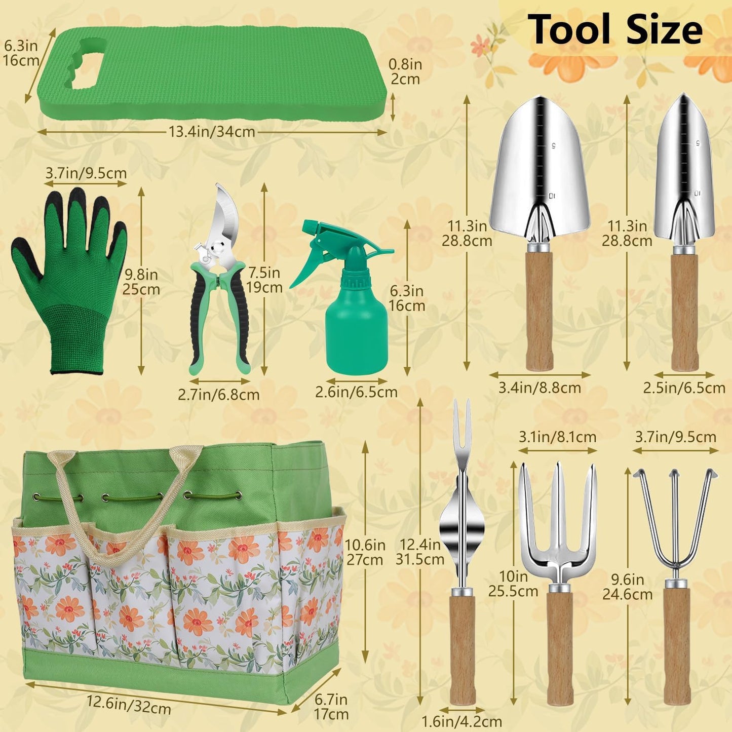 LeMotech Gardening Tools, 10-Piece Heavy Duty Garden Hand Tools Set with Wooden Handle, Durable Fashion Organizer Bag for Garden Supplies, Gardening Gifts for Women Grandmother, Yellow Floral Pattern