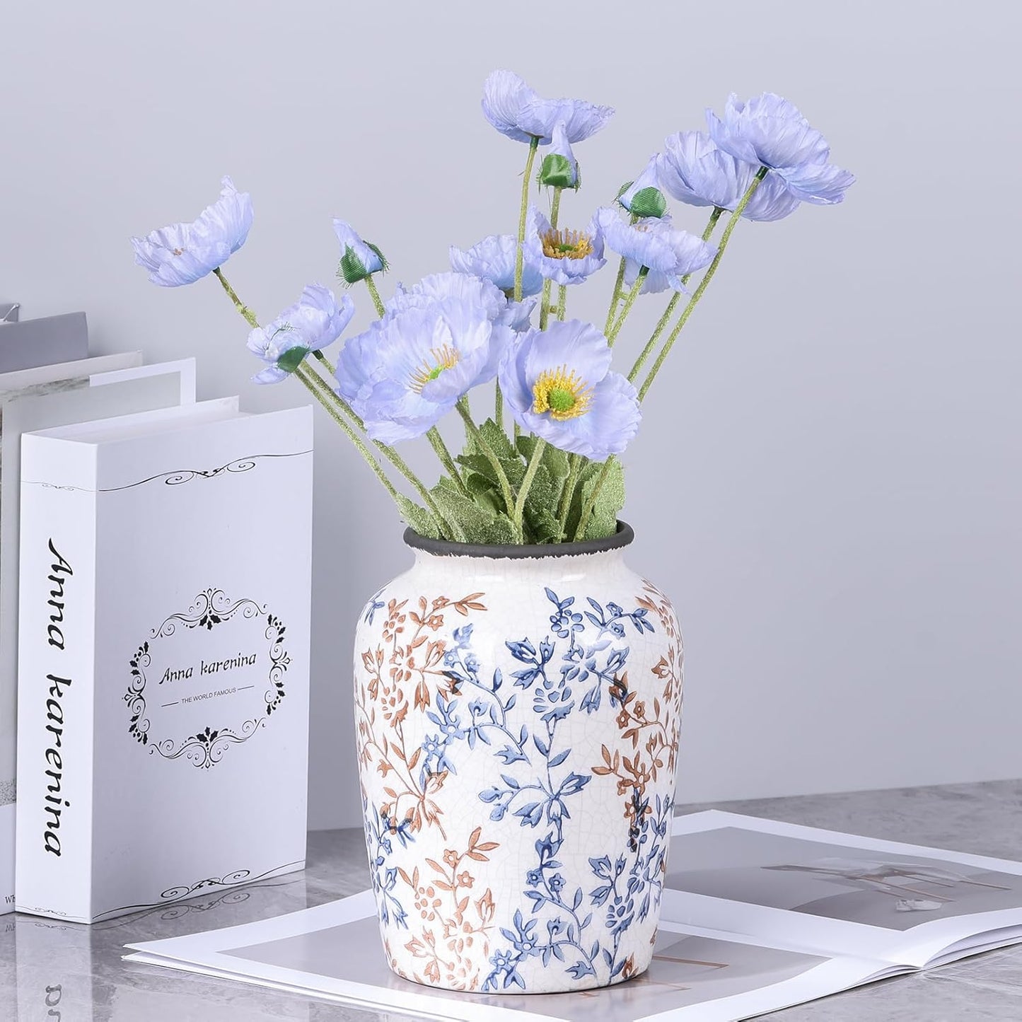 Vintage Vase for Flowers,Blue Chinoiserie Ceramic Vase,Rustic Farmhouse Cracked Vases,for Flower Arrangement,Living Room, Office, Shelf, Fireplace Tables,Centerpieces,Chinoiserie Pottery Decor(C)