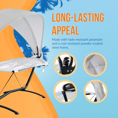 Island Retreat Sea Breeze Steel Frame Hammock Lounge Chair with Canopy - Luxury Shaded Hammock with Stand for Outside - Boho Style Beach Chair with Adjustable & Removeable Canopy - Black & Champagne