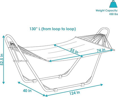 Sunnydaze Double Quilted Fabric Hammock with Universal Steel Stand - 450-Pound Capacity - Black Stand - Sandy Beach