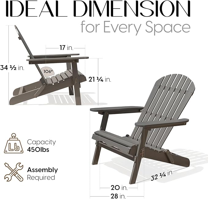 IDZO Outdoor Adirondack Chair Set of 2, Pre-Assembled Backrest, Patio Furniture Set, Outdoor Furniture for Garden, Porch, Deck, Firepit