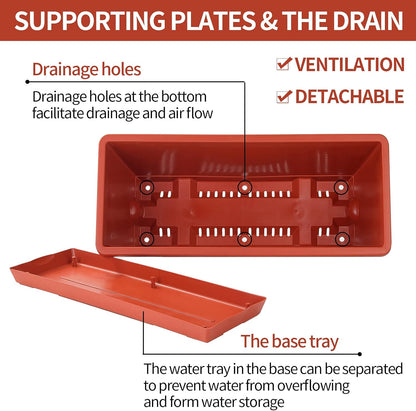 Window Box Planter, 12 Pack Plastic Vegetable Flower Planters Boxes 17 Inches Rectangular Flower Pots with Saucers for Indoor Outdoor Garden, Patio, Home Decor (Brick red)