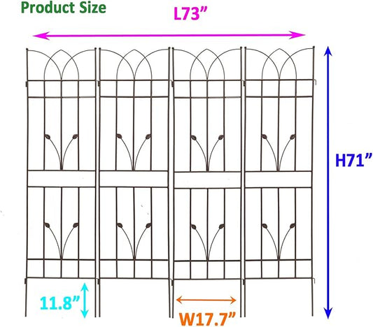 4 Pack Metal Garden Trellis 71" Black Fence Rustproof Garden Trellis for Climbing Plants Support Roses Flower Outdoor Lawn, Brown