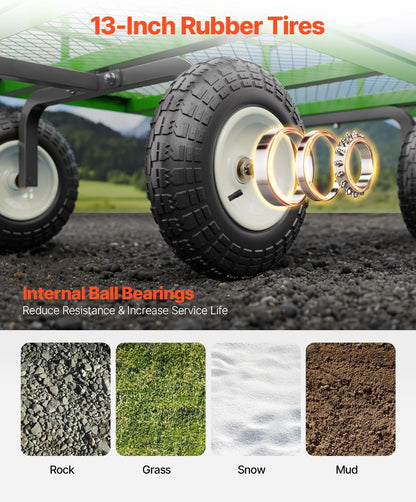 VEVOR 1200 Lbs Steel Garden Cart, Heavy Duty Pullable Garden Wagon Yard Cart, 2 in 1 Outdoor Metal Utility Wagon Yard Trailer with 13" All Terrain Tires, Mesh Removable Sides and 180°Rotating Handle