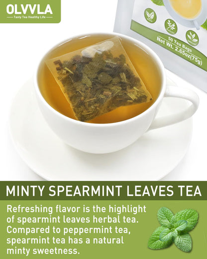 Olvvla - Spearmint Tea Bags - 1.5g X 50 Count - 100% Pure Natural Spearmint Leaves Herbal Tea - Non-GMO - Caffeine-free - Rich in Antioxidants & Promote Relaxation