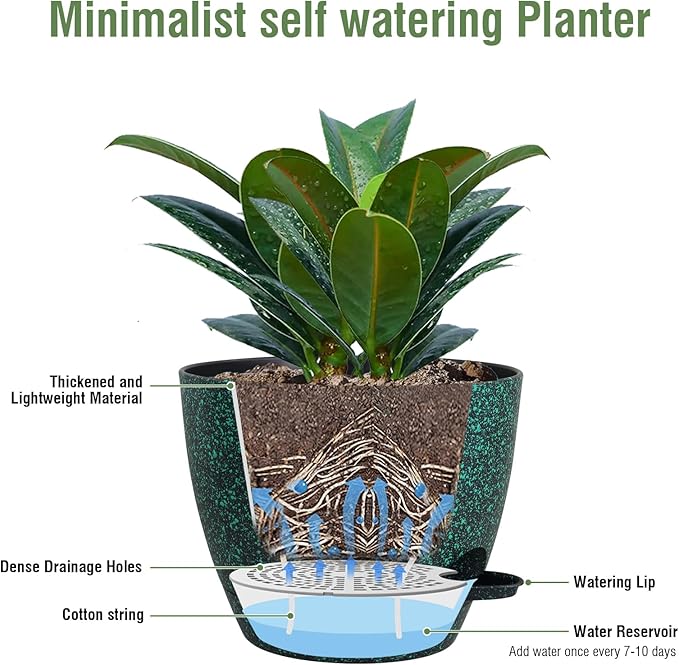 12 inch Large Self Watering Pots for Indoor Outdoor Plants, Flower Plant Pots with Mesh Drainage Holes for Garden House Plants, Plastic Planters for Home, Black with Green Speckles