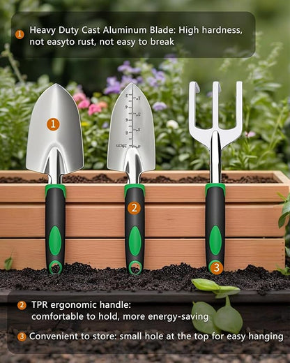 3Pcs Garden Tools, Heavy Duty Cast-Aluminum Garden Tool Set with Hand Trowel, Transplant Trowel, Cultivator Rake, Soft Rubber Ergonomic Non-Slip Handle, Ideal Gardening Gifts for Home Gardeners