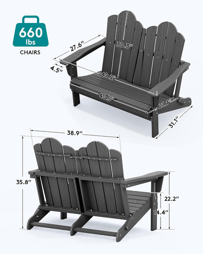 SERWALL 2 Person Adirondack Loveseat, HDPE All-Weather Folding Adirondack Bench Chair, Outdoor Adirondack Chair Set of 4, Grey