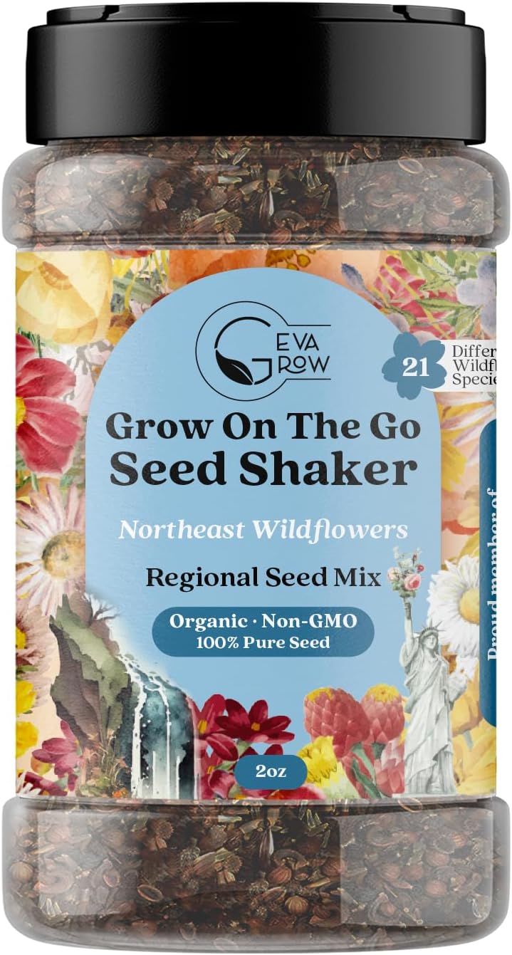 on The Go Regional Wildflower Seed Shaker - Northeast USA Wildflowers - 100% Pure Seed - Organic, Non-GMO - 21 Wildflower Variety Seeds of Annual & Perennial, 2oz